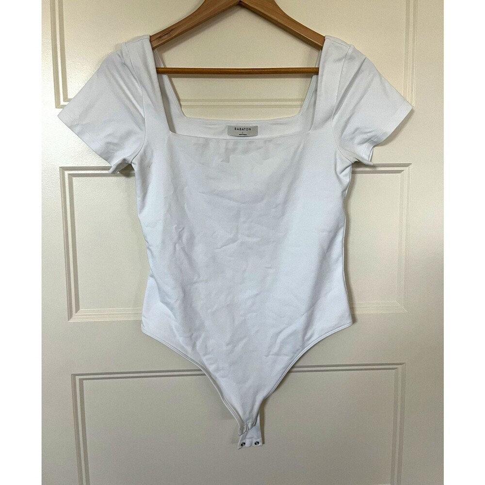 Aritzia Babaton White Solid Square Neck Short Sleeve Bodysuit Womens Size Large